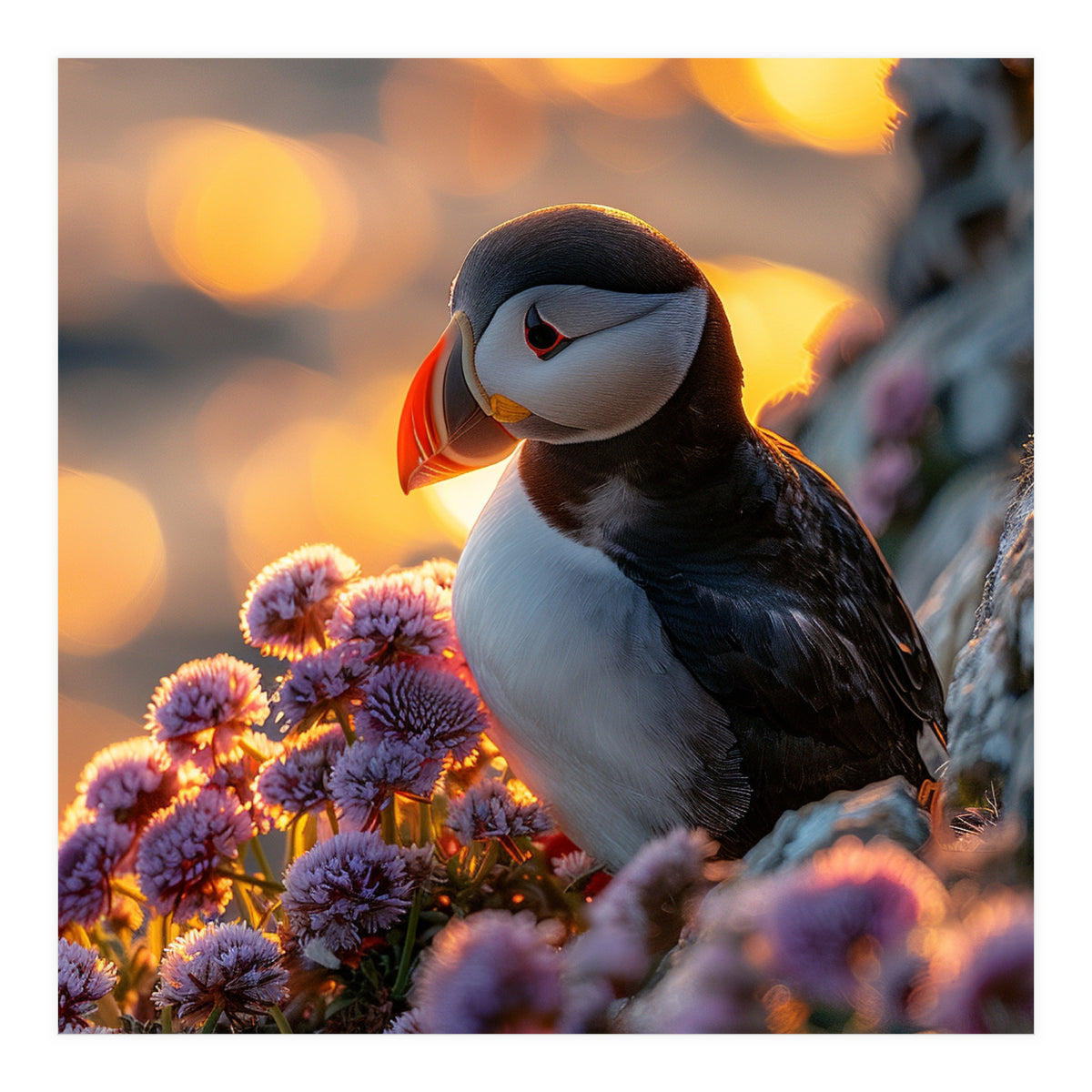 Puffin Bird Amidst Purple Flowers Golden Hour (Print Only)