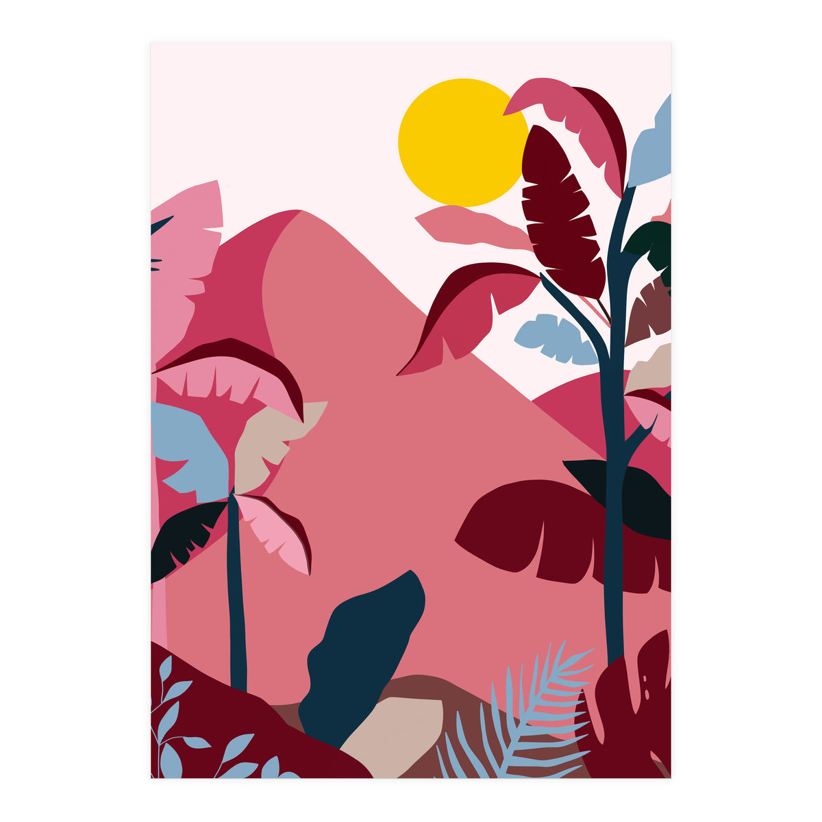 Tropical Sundowner, Pastel Jungle Botanical Nature, Summer Plants Palms Sunset, Mountain Landscape Travel Adventure (Print Only)