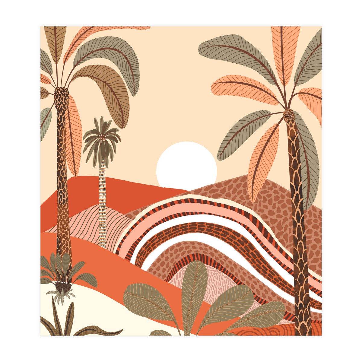 Epiphany, Pastel Rustic Sunrise Sunset, Bohemian Nature Landscape Illustration, Mountains Adventure Palm Trees (Print Only)