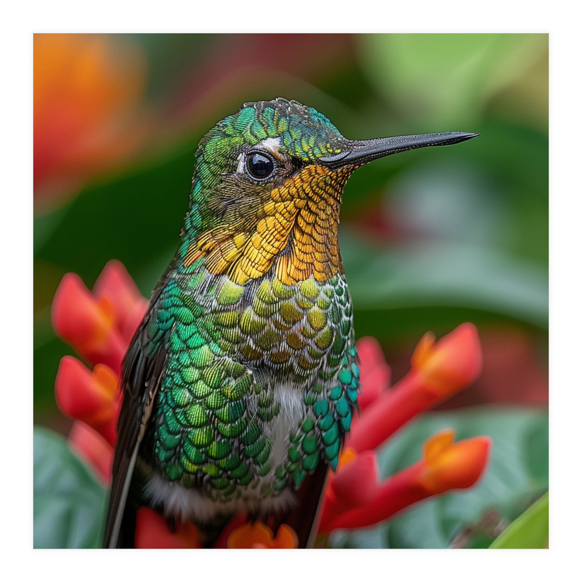 Close Up Of A Hummingbird On Red Flowers (Print Only)