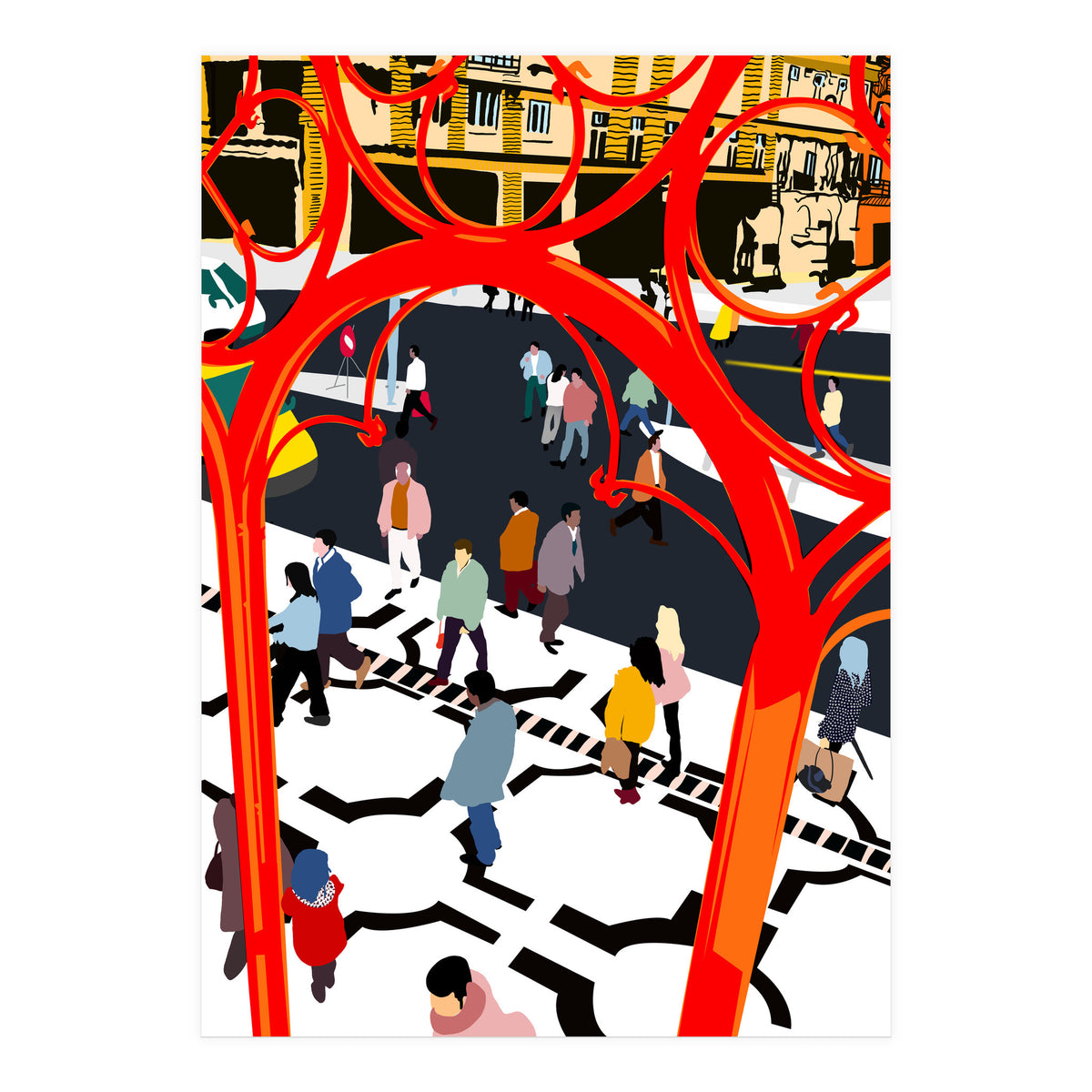 City Street, Eclectic Architecture Buildings Busy New York, People Work Office Daily Life Boho Contemporary Traffic Gifts (Print Only)