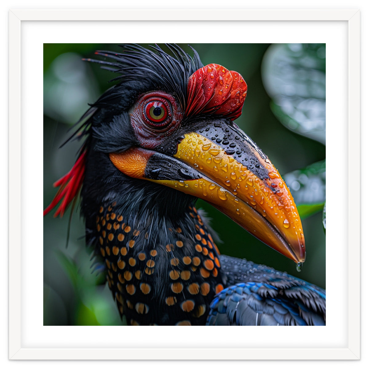Close Up Of Helmeted Hornbill Bird In Rain