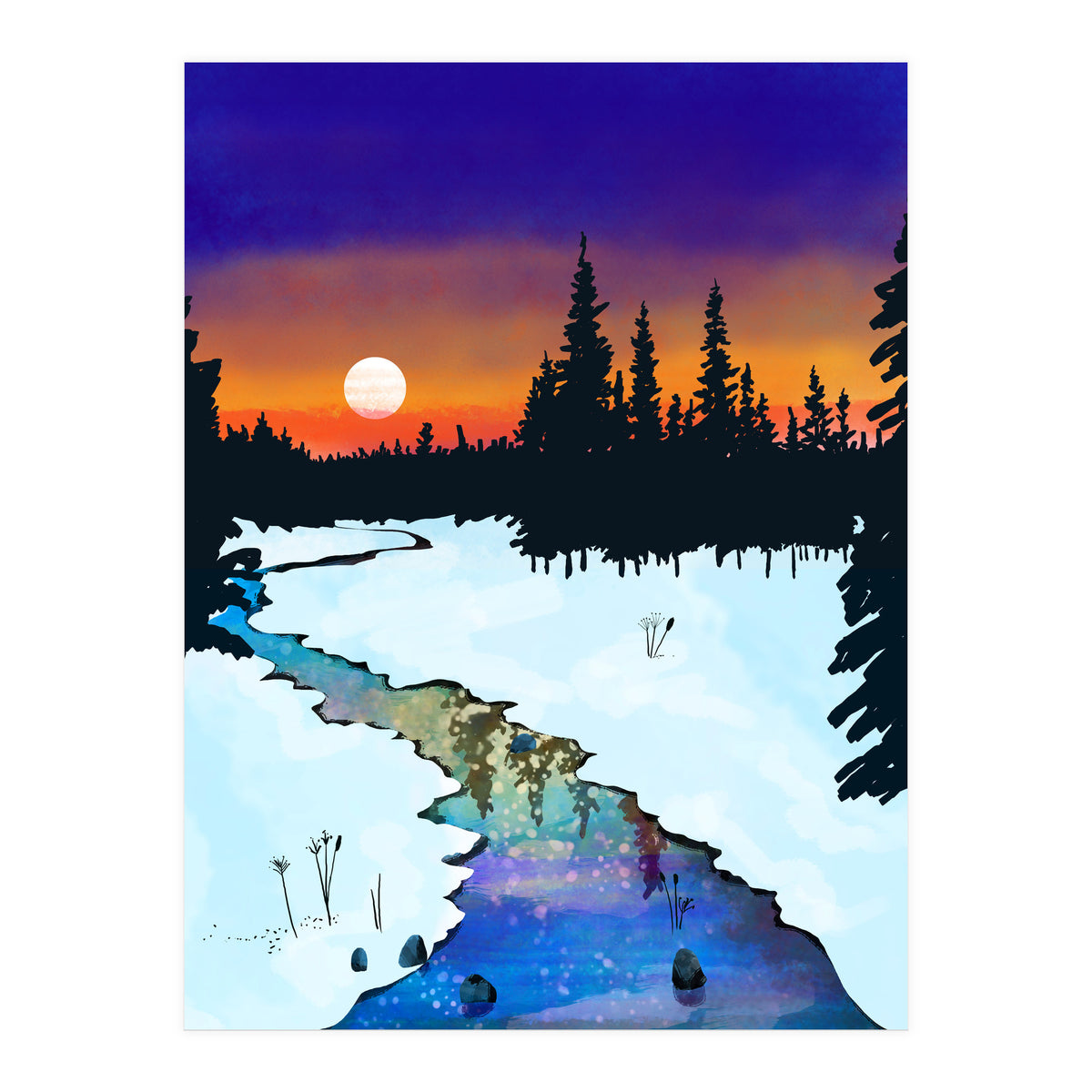 Purple Midnight, Snow River Full Moon Nature Landscape Painting, Winter Travel Adventure Places (Print Only)