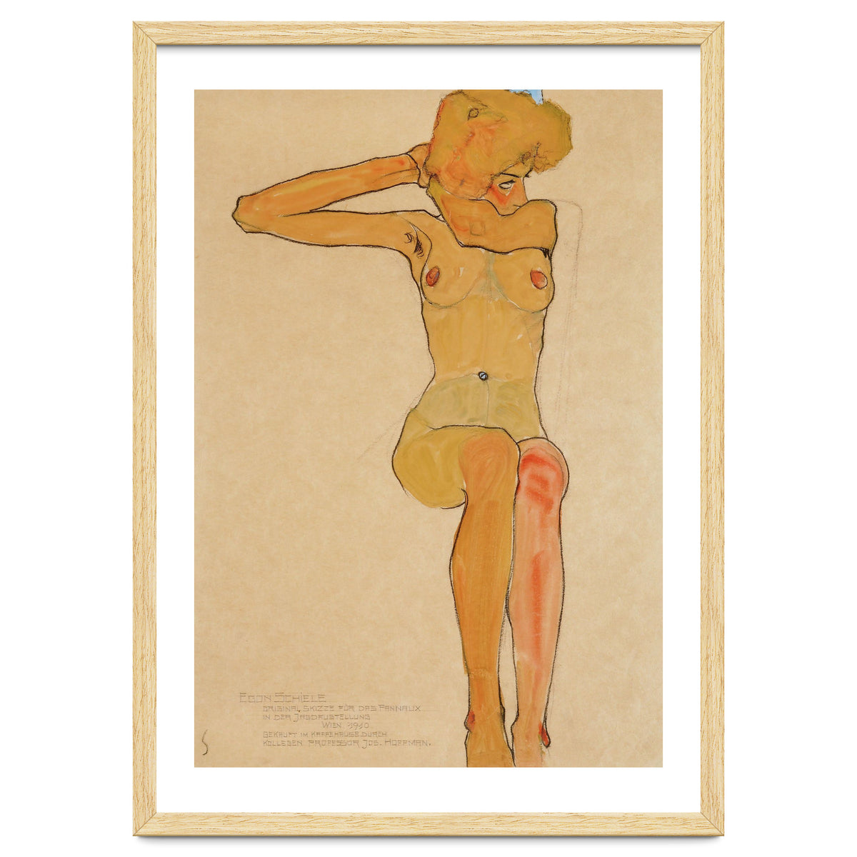 Seated female nude with raised right arm,1910 Gouache,.