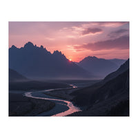Crimson Sunset Valley: Serene Mountain Vista (Print Only)