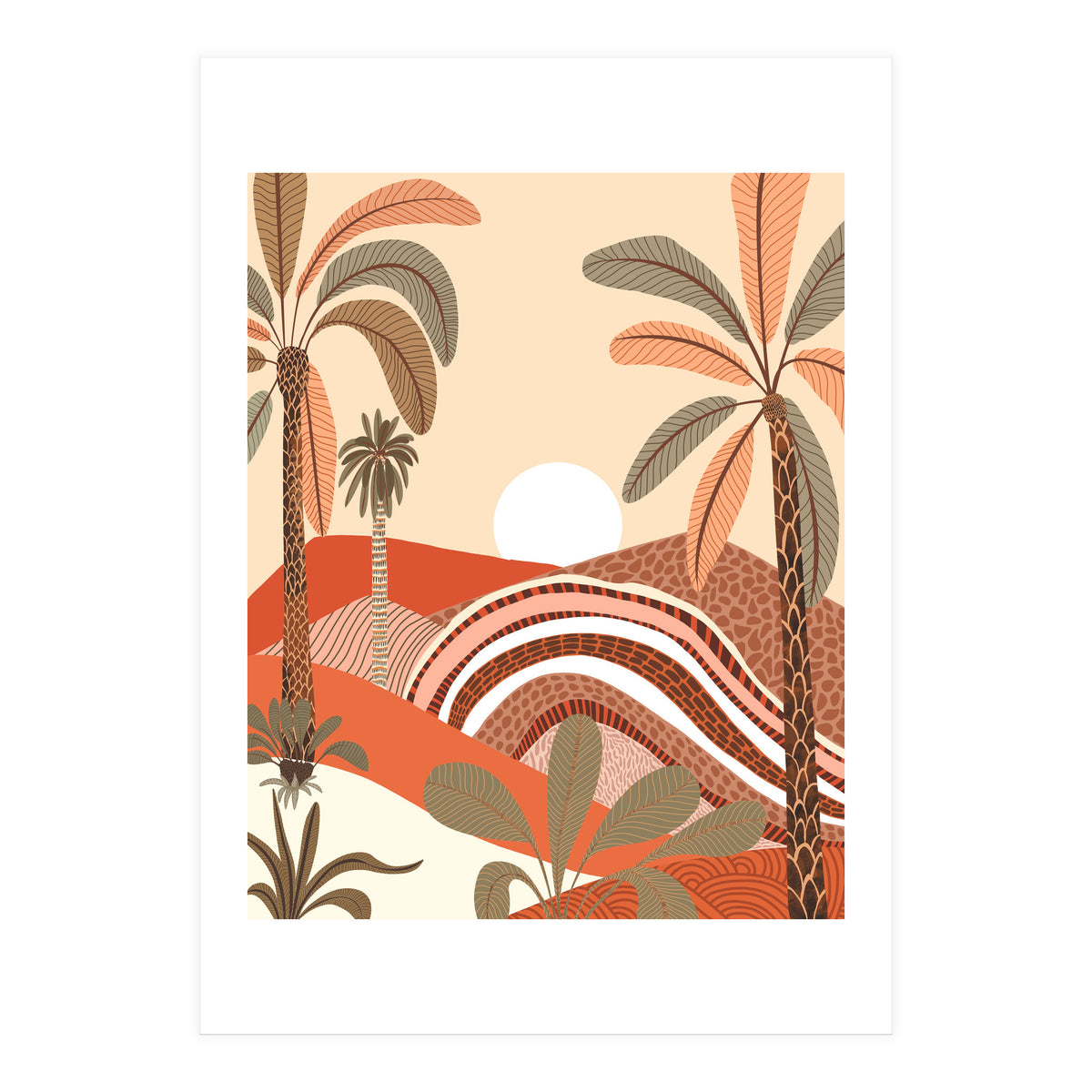 Epiphany, Pastel Rustic Sunrise Sunset, Bohemian Nature Landscape Illustration, Mountains Adventure Palm Trees (Print Only)