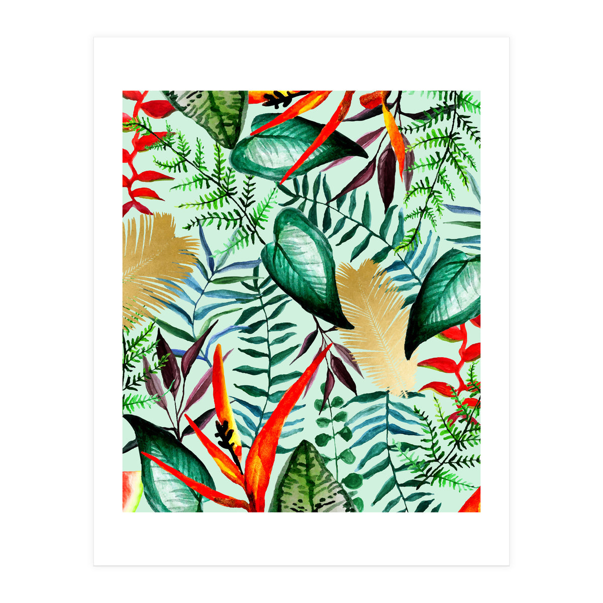 Paradise, Tropical Jungle Botanical Bohemian Illustration, Palm Bird of Paradise Gold Painting (Print Only)