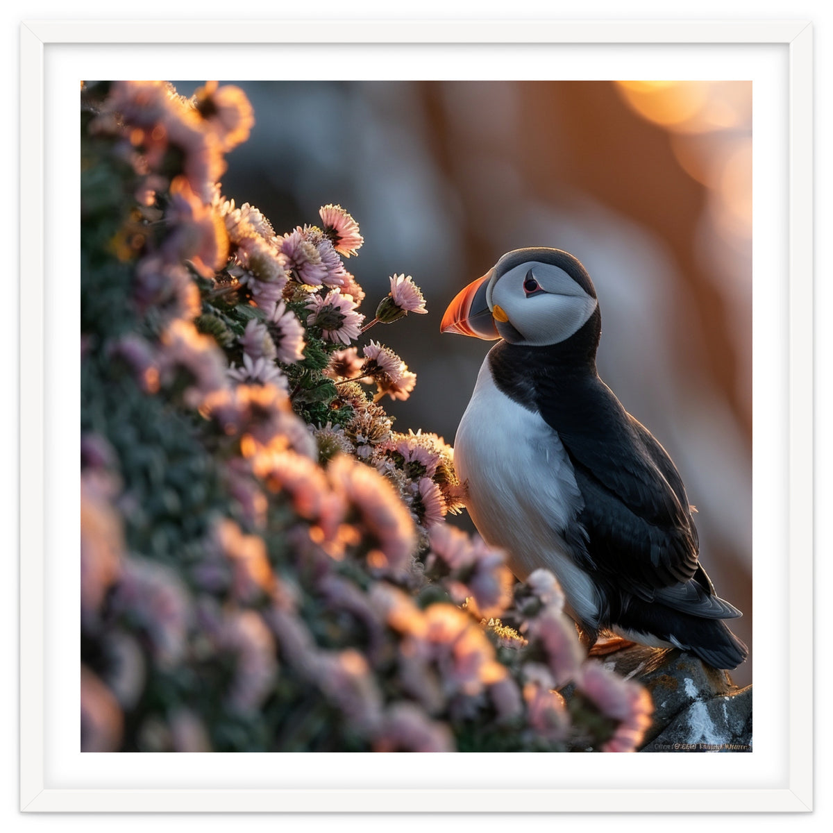 Puffin Bird On Rocks Near Pink Flowers At Sunset