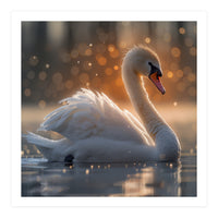 Majestic Swan Gliding On Water During Sunset Golden Hour Wildlife (Print Only)