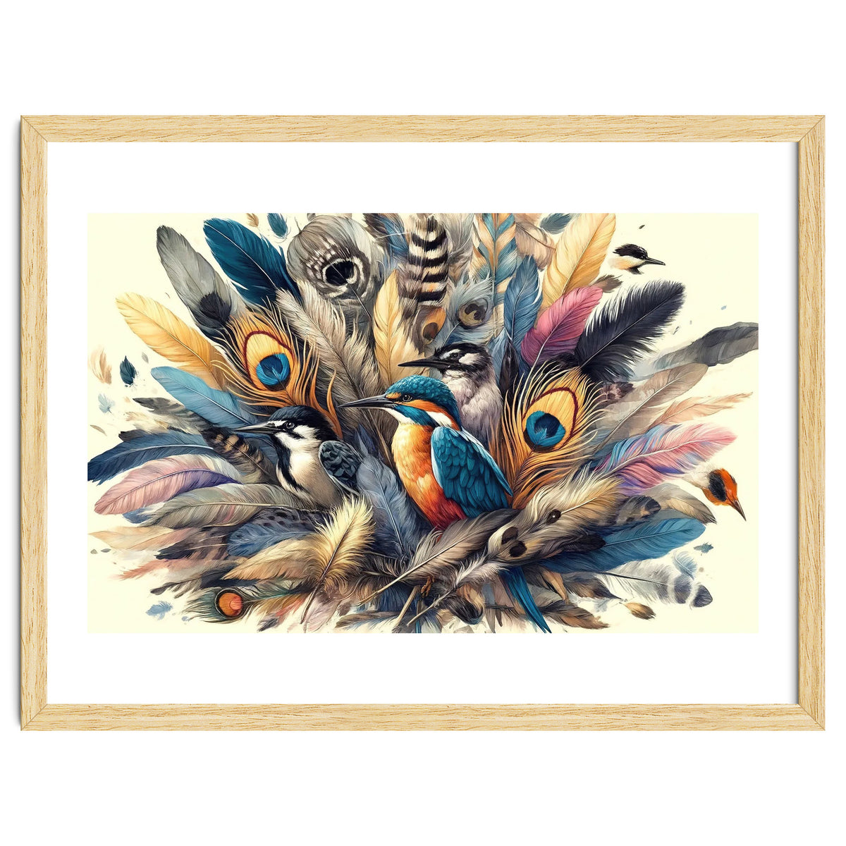 Kingfisher And Songbirds In Peacock Feathers