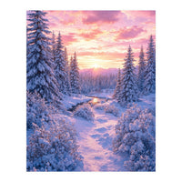 Winter Sunset Glow: Serene Snowy Forest and Frozen Creek (Print Only)