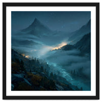 Moonlit Alpine Valley at Night with Shimmering River
