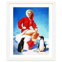 Pinup Sexy Woman Posing With Two Penguins