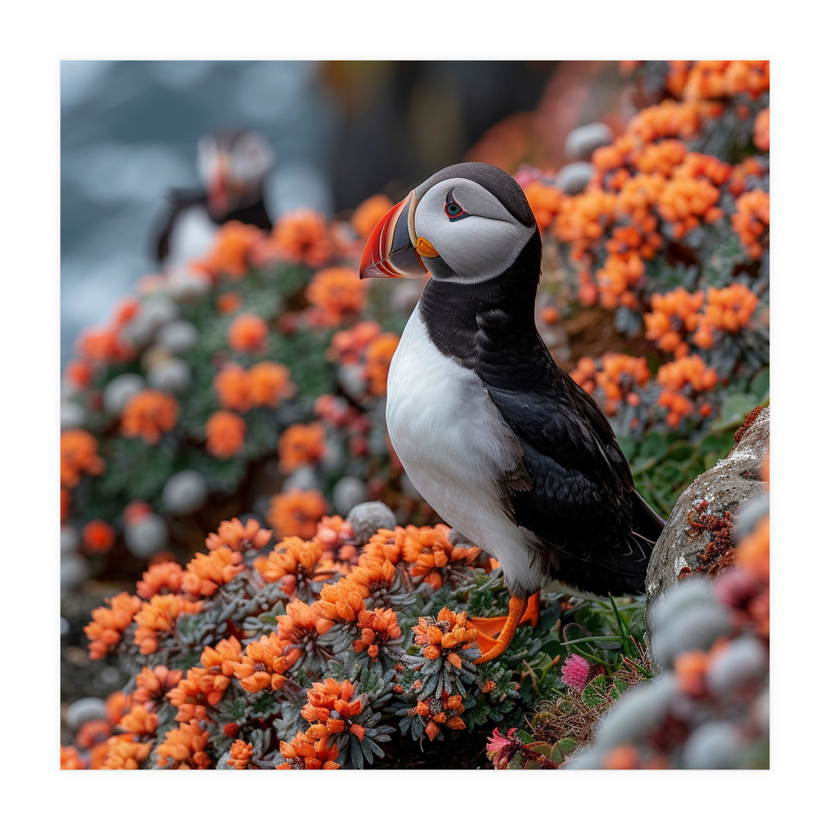 Atlantic Puffin Bird Perched On Orange Flowers (Print Only)