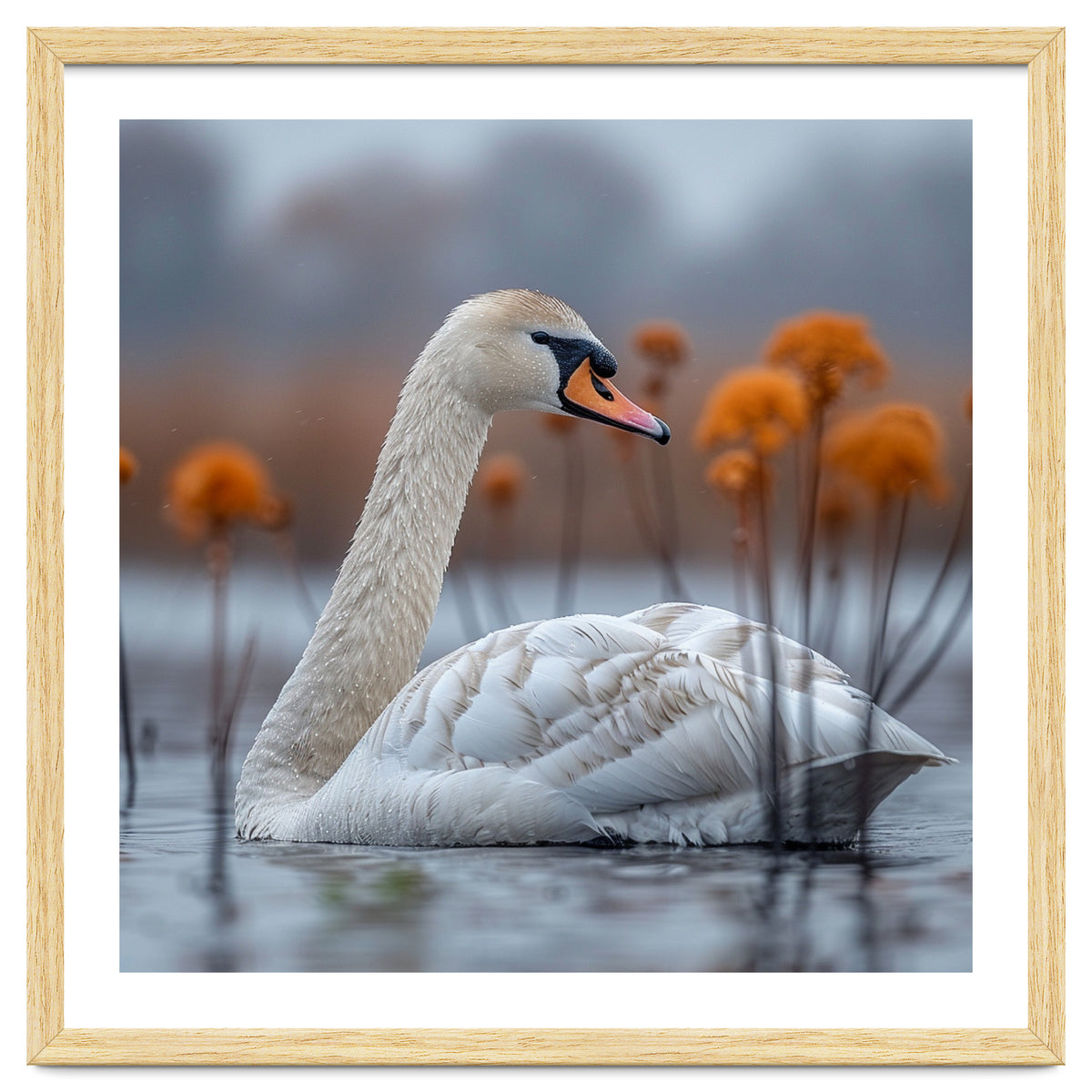 White Swan Swimming In A Lake With Reeds