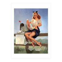 Countryside Pinup Girl Posing On A Fence With Love Letters And A Full Mailbox (Print Only)