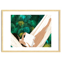 Summer Hammock Reading, Tropical Jungle Travel, Watercolor Nature Bohemian Forest Plants, Palm Beach