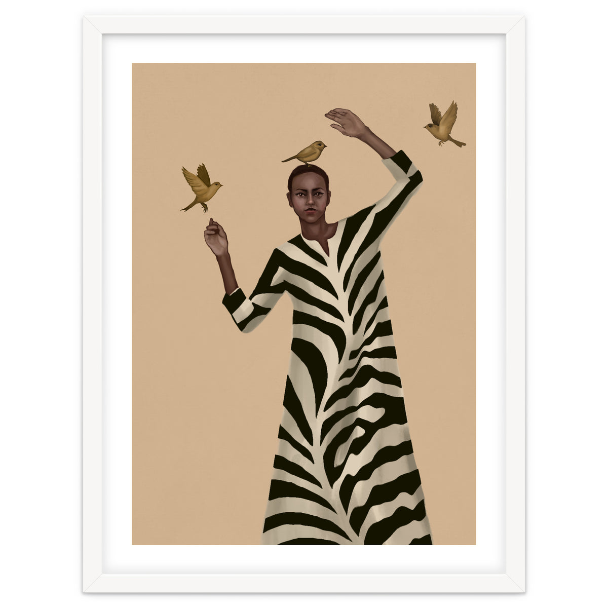 Woman With Birds And Zebra Pattern Dress