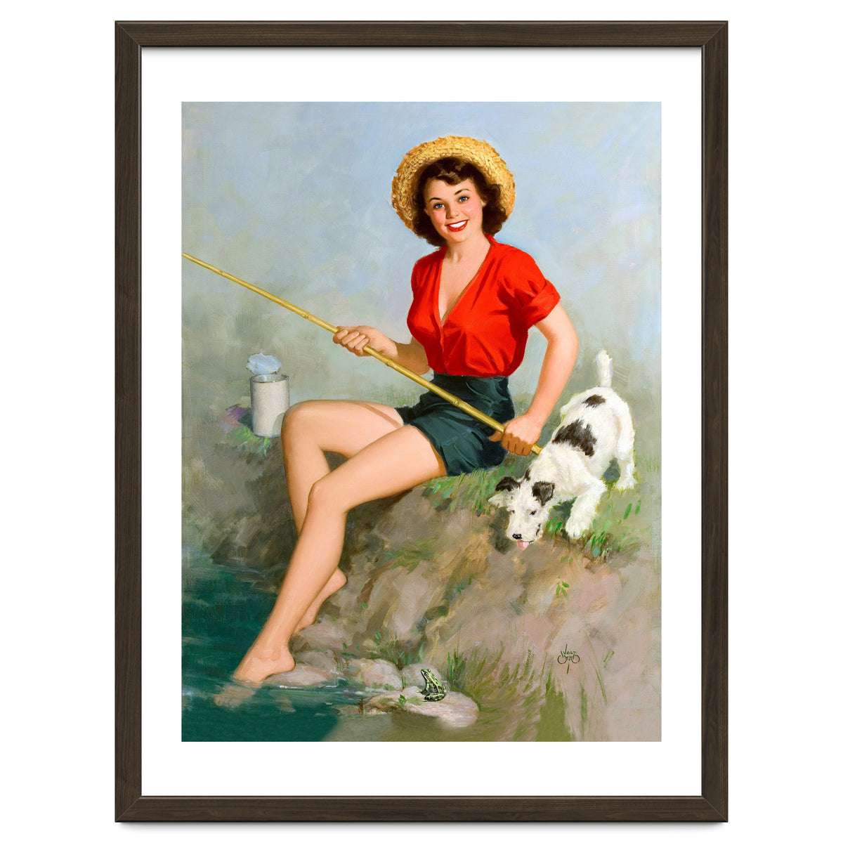 Pinup Girl Fishing With Her Dog