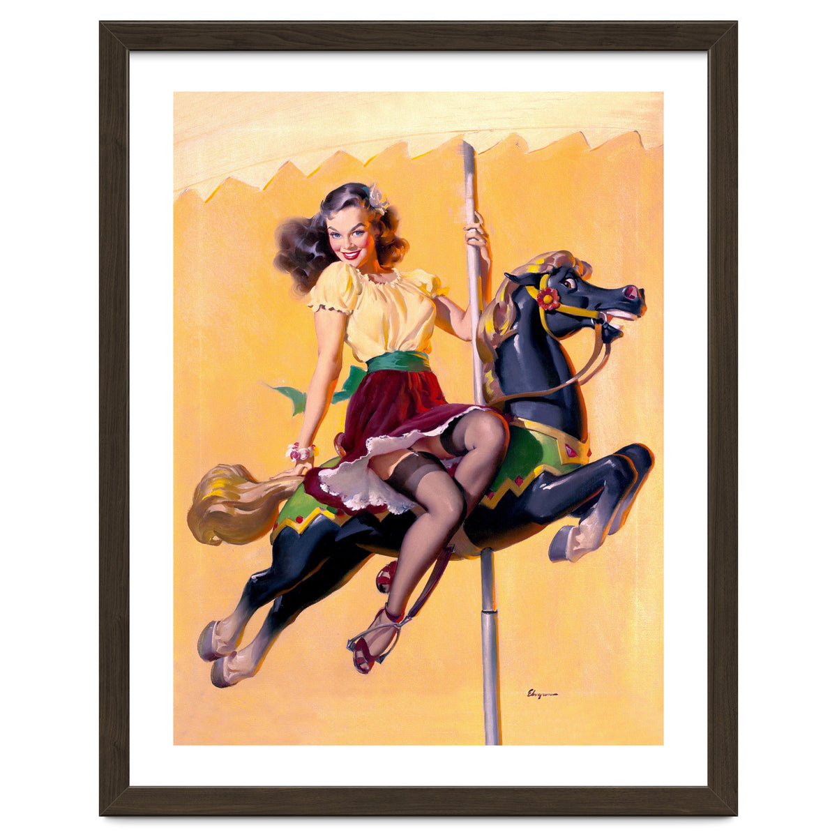 Pinup Sexy Girl Riding A Wooden Horse