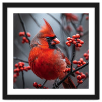 Northern Cardinal Bird Perched Among Red Berries