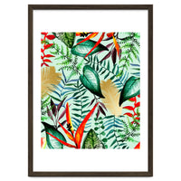 Paradise, Tropical Jungle Botanical Bohemian Illustration, Palm Bird of Paradise Gold Painting