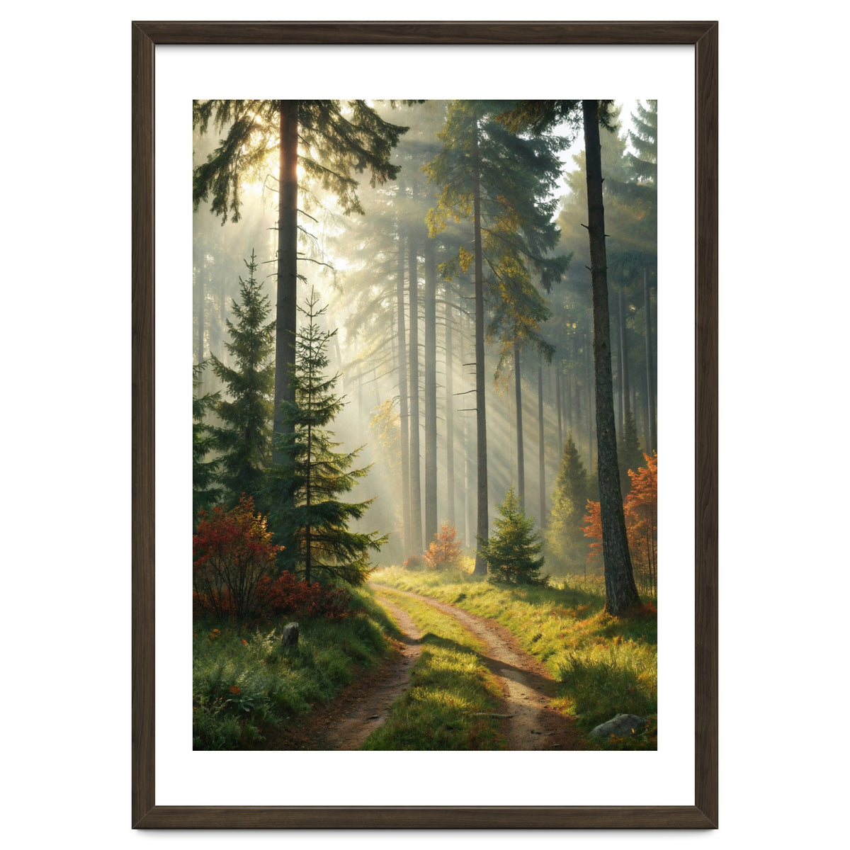 The Golden Path: Ethereal Sunbeams Piercing Through a Misty Evergreen Forest at Dawn