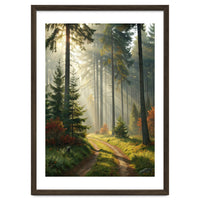 The Golden Path: Ethereal Sunbeams Piercing Through a Misty Evergreen Forest at Dawn