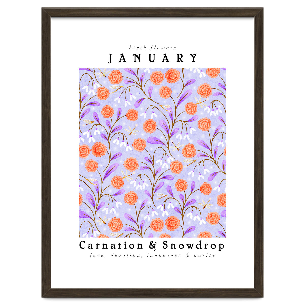 Carnations And Snowdrop January Birth Flower Floral Print