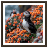 Atlantic Puffin Bird Perched On Orange Flowers thumbnail