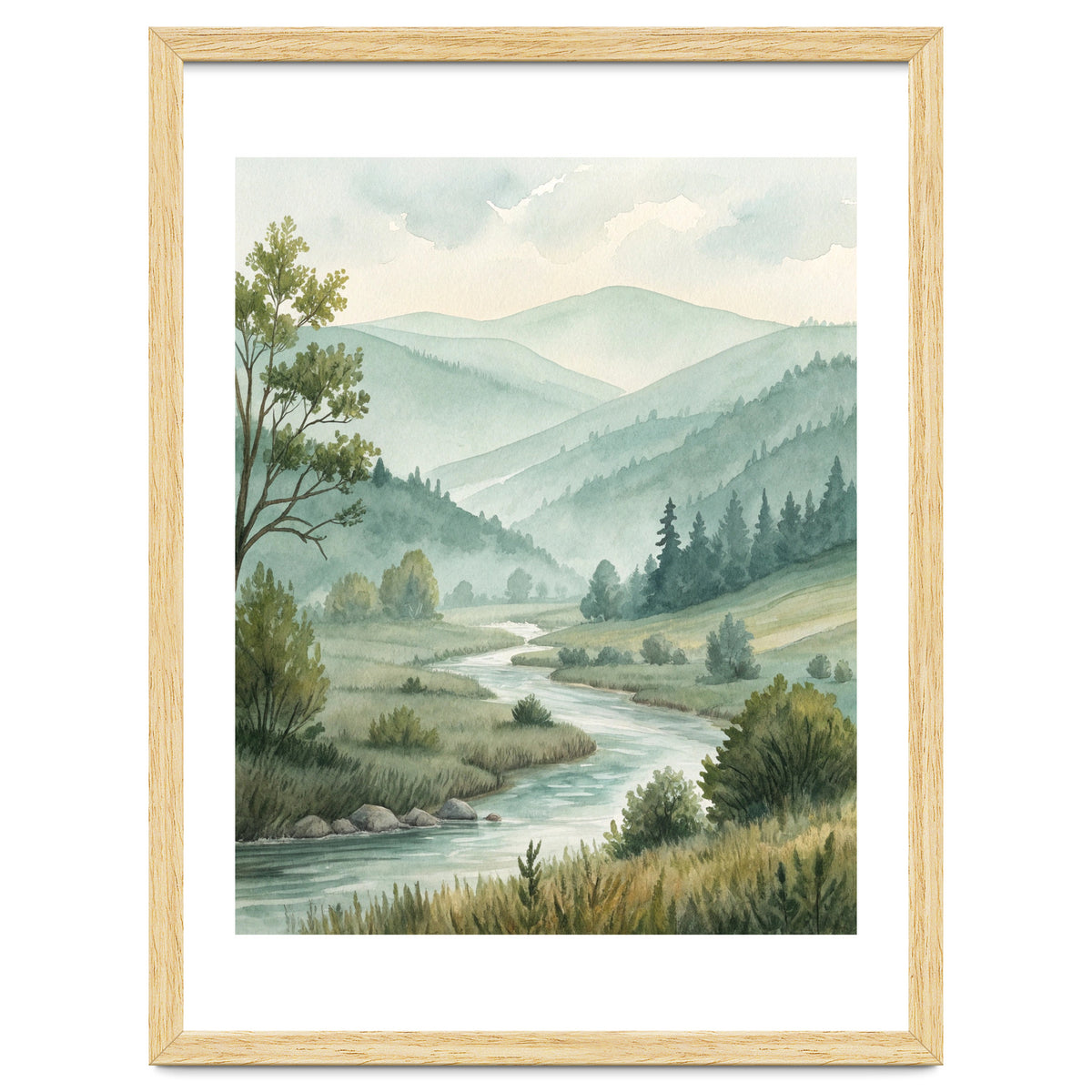 Serene River Valley in Soft Watercolor