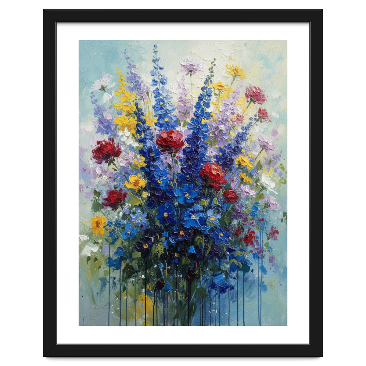 Vibrant Blue Delphinium and Red Rose Heavy Impasto Oil Painting