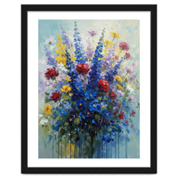 Vibrant Blue Delphinium and Red Rose Heavy Impasto Oil Painting