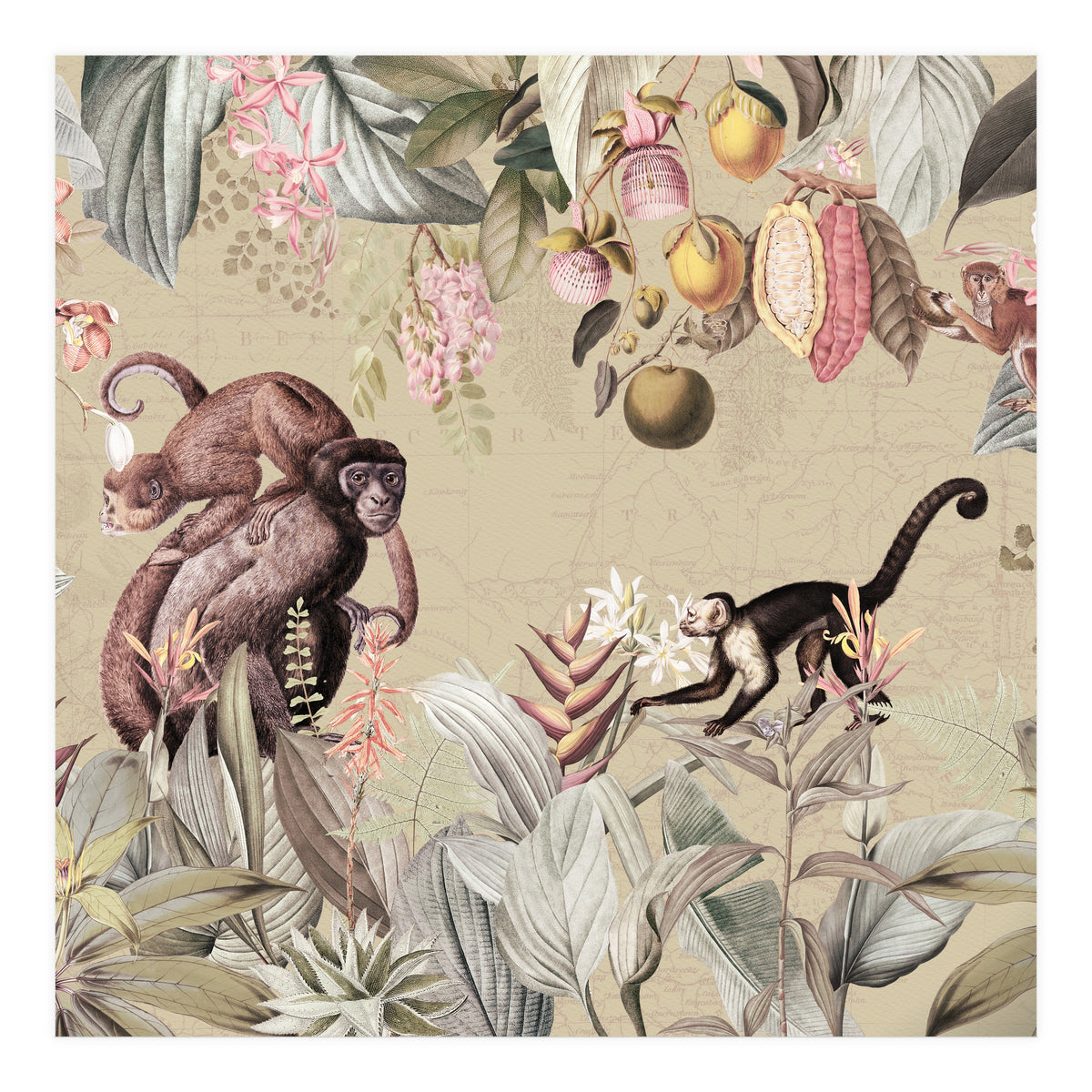 Vintage Exotic Monkeys In African Jungle Landscape (Print Only)