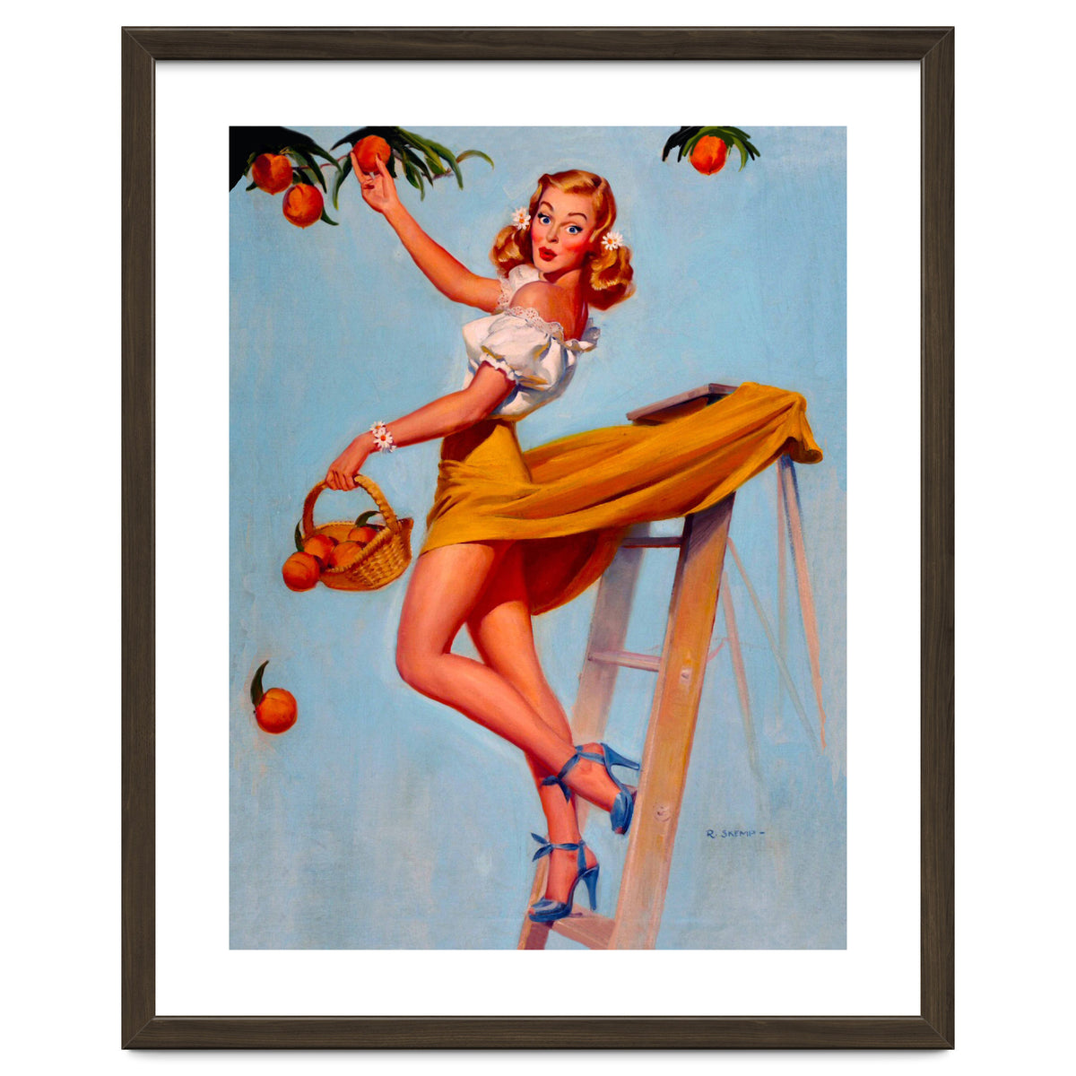 Pinup Sexy Woman Picking Oranges On A Tree Branch