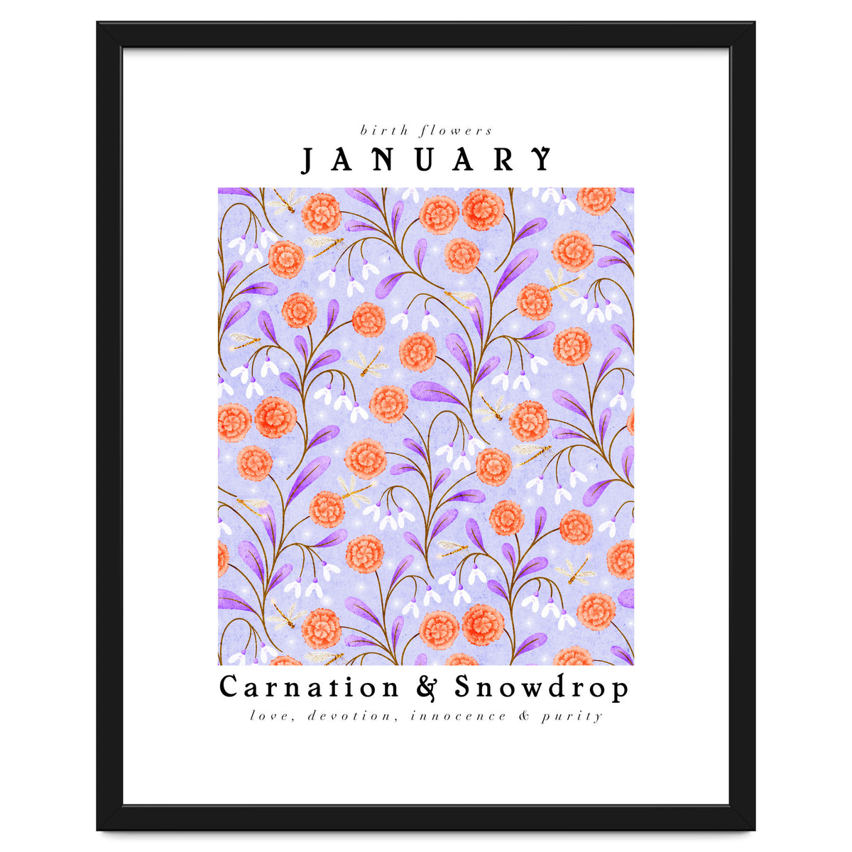 Carnations And Snowdrop January Birth Flower Floral Print