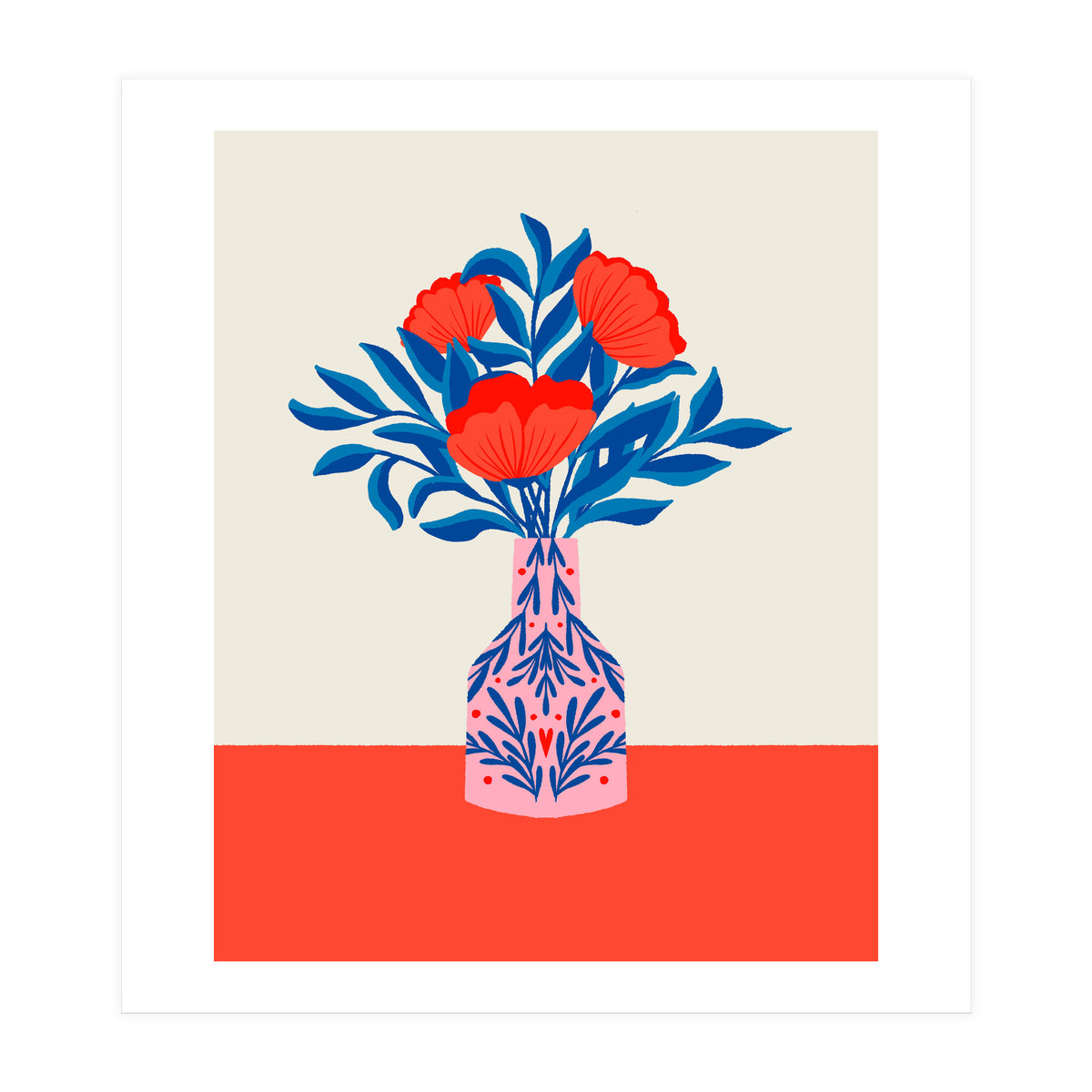 Poppies in a vase - red and blue (Print Only)