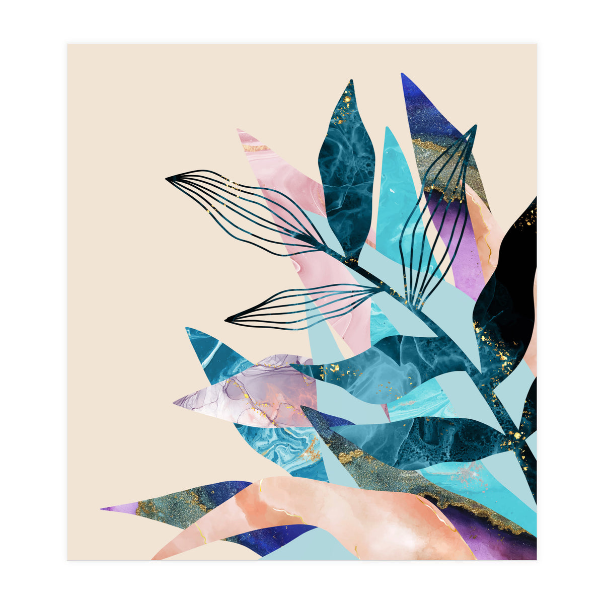 Marble Fantasy, Luxe Abstract Texture Botanical Concept, Eclectic Graphic Design Bohemian Contemporary (Print Only)