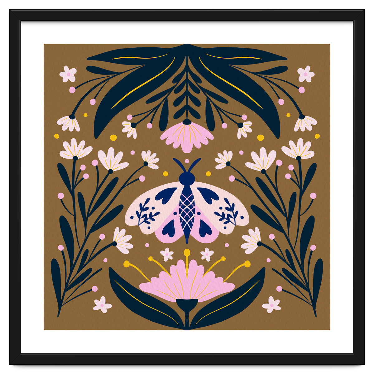 Pink Moth with Flowers on a brown background