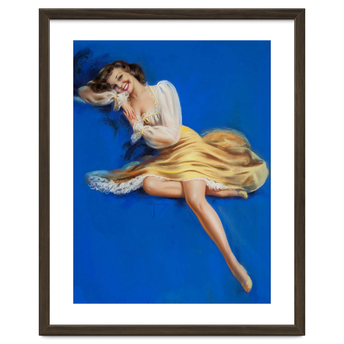 Pinup Girl Posing In Studio Over The Blue Background