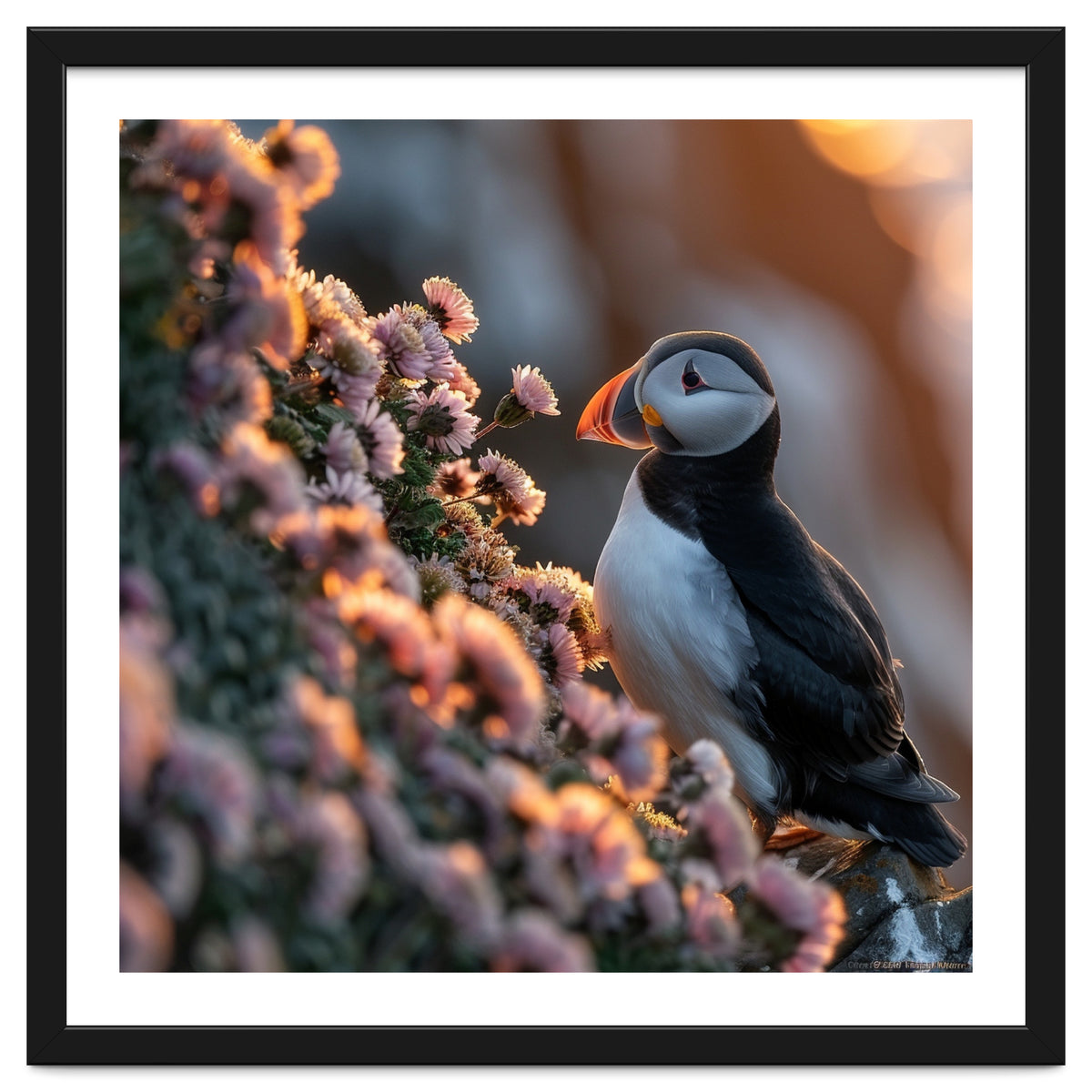 Puffin Bird On Rocks Near Pink Flowers At Sunset