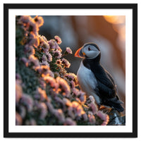 Puffin Bird On Rocks Near Pink Flowers At Sunset
