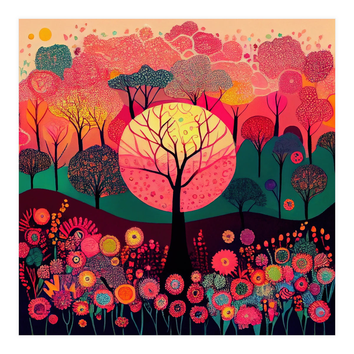 Folk Sunset Forest In Bloom (Print Only)