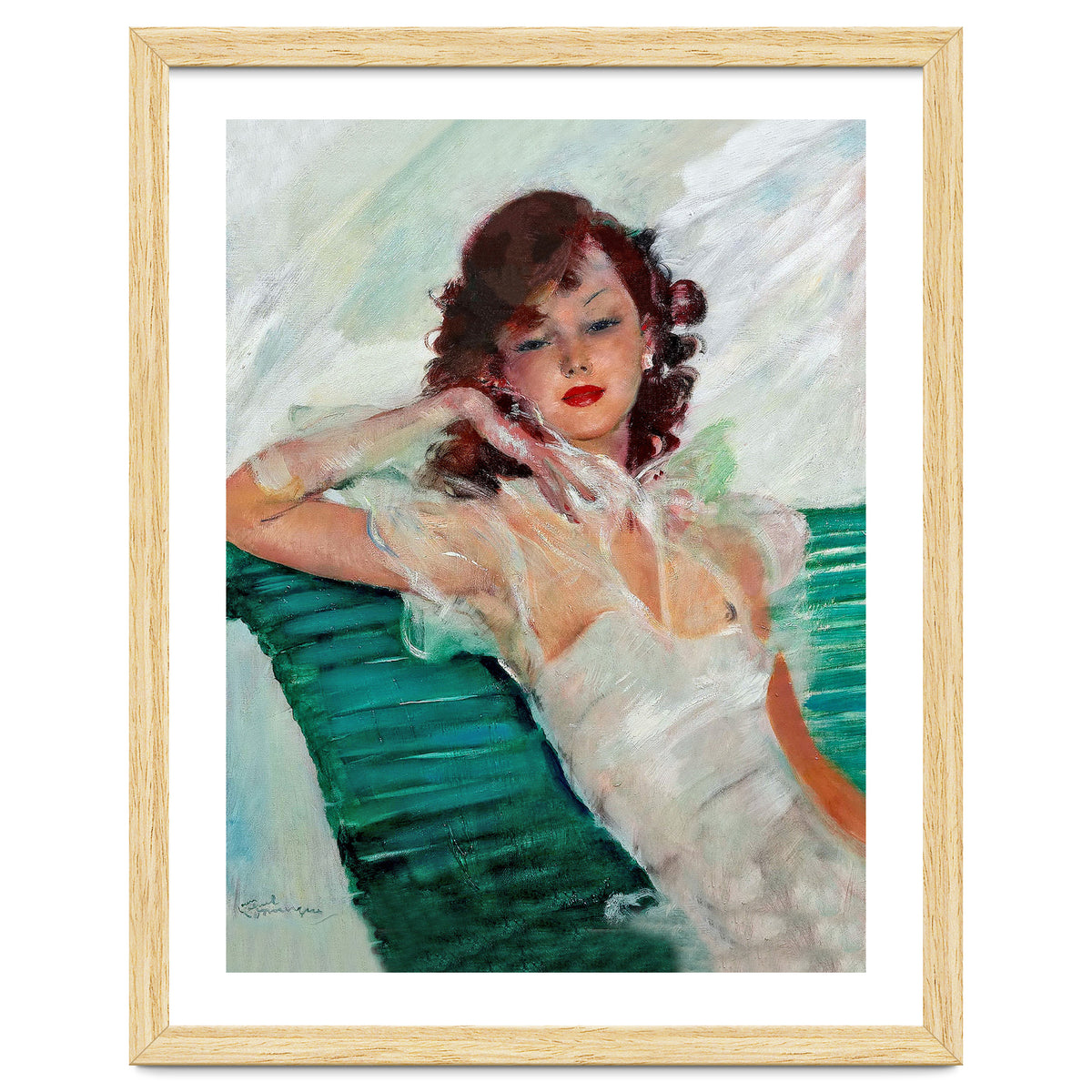 Girl Is Resting On A Green Bench, Watercolor Painting