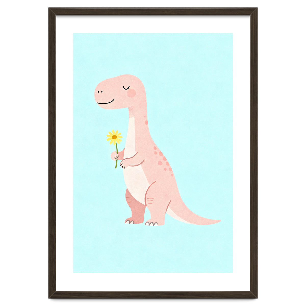 T-Rex Tyrannosaurus Dinosaur Art, Whimsical Dino with Flower, Gentle Nursery Print