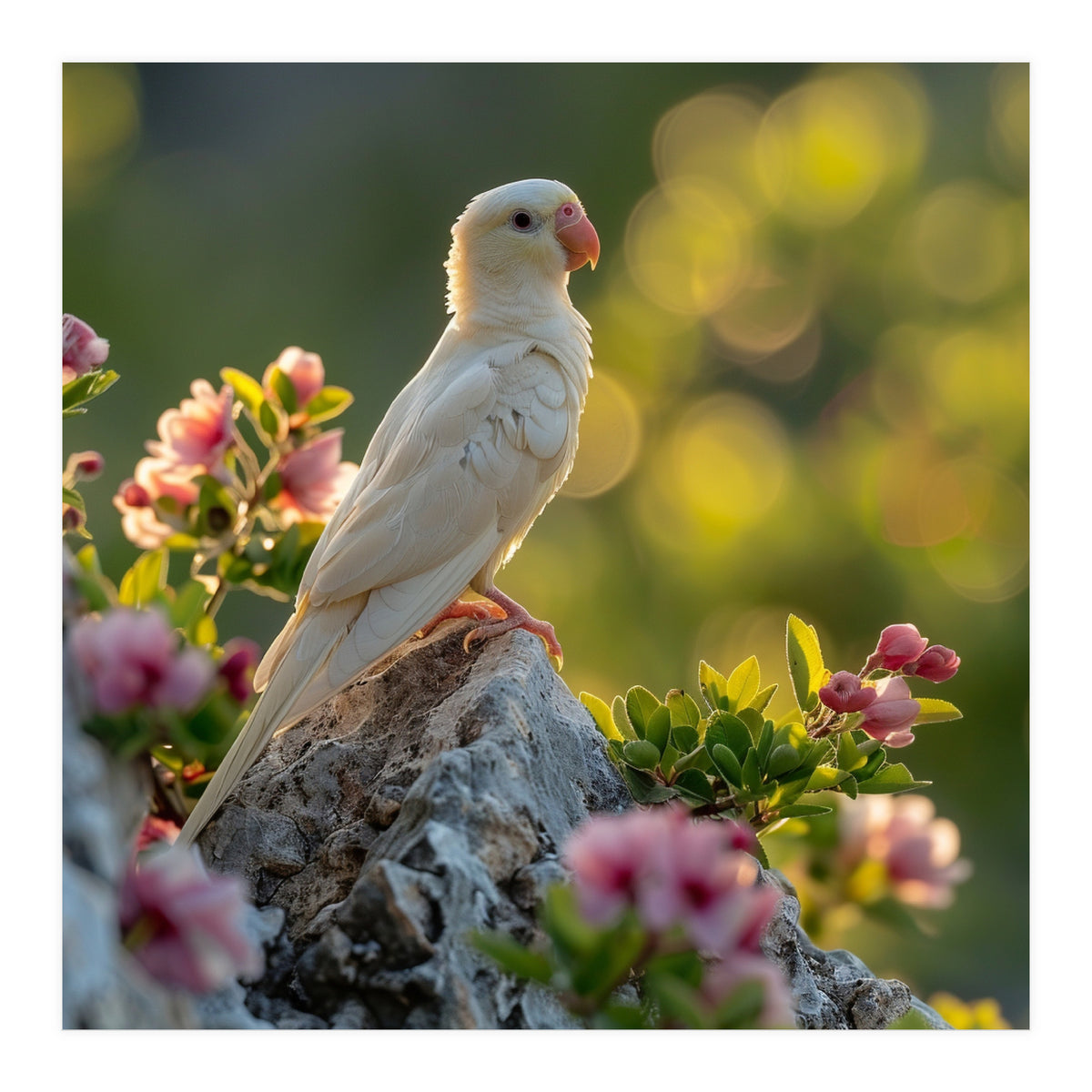 Albino Parrot Perched On A Rock Amongst Flowers (Print Only)