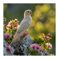 Albino Parrot Perched On A Rock Amongst Flowers (Print Only)