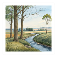 Pastoral Countryside Watercolor Painting with Winding Stream Meadows and Deciduous Trees Landscape (Print Only)