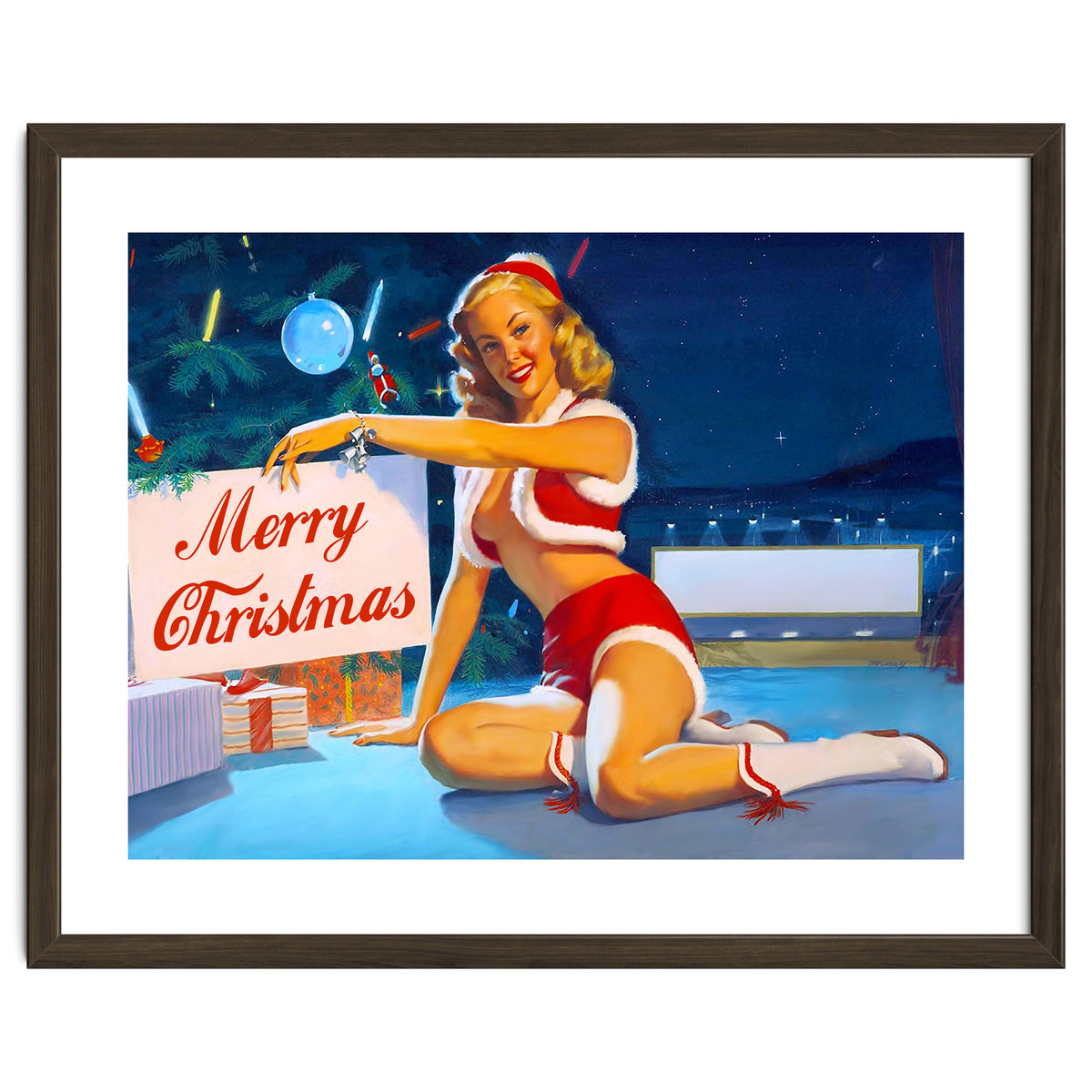 Pinup Girl In Santa Costume With Marry Christmas Sign