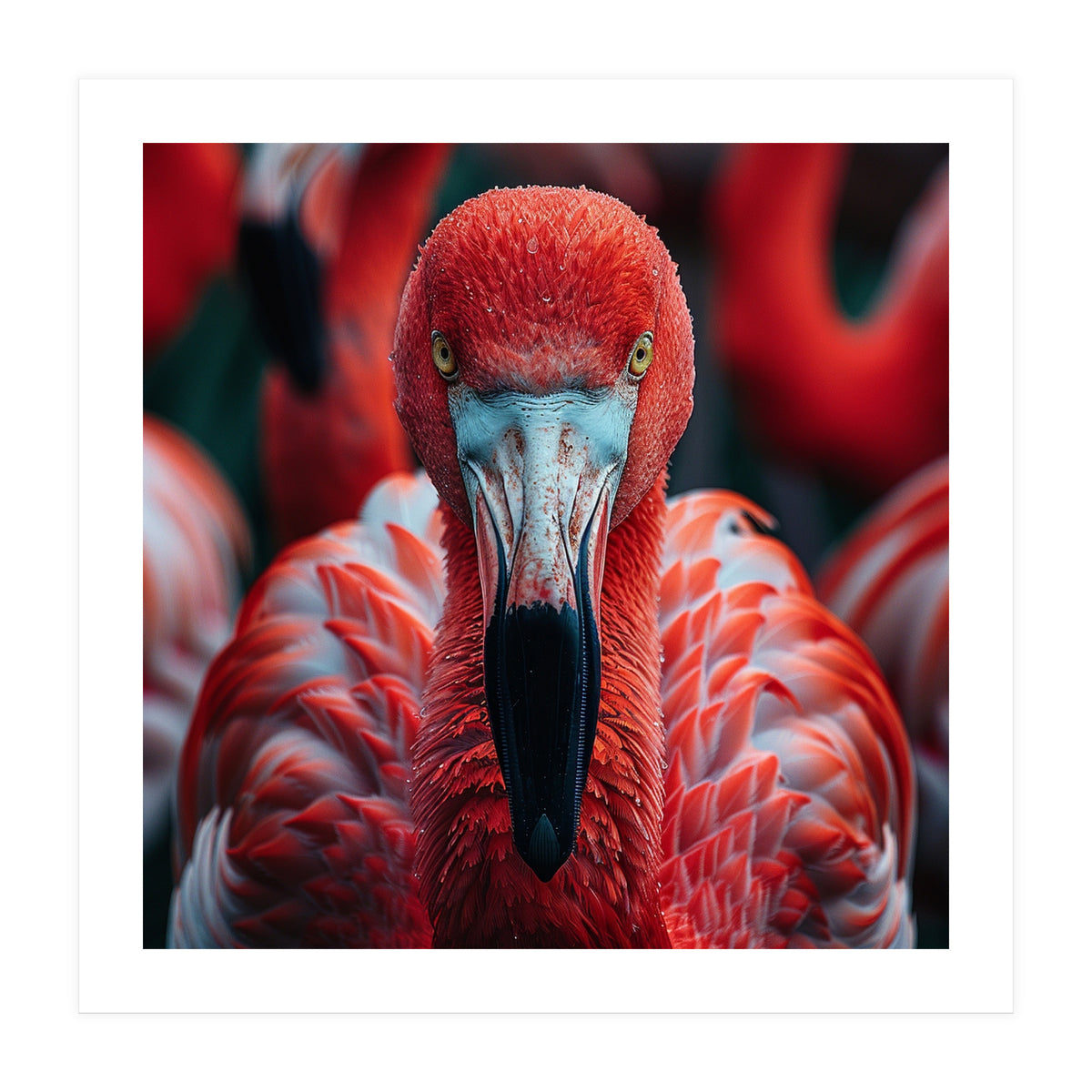 Close Up Flamingo Head With Bright Red Feathers (Print Only)